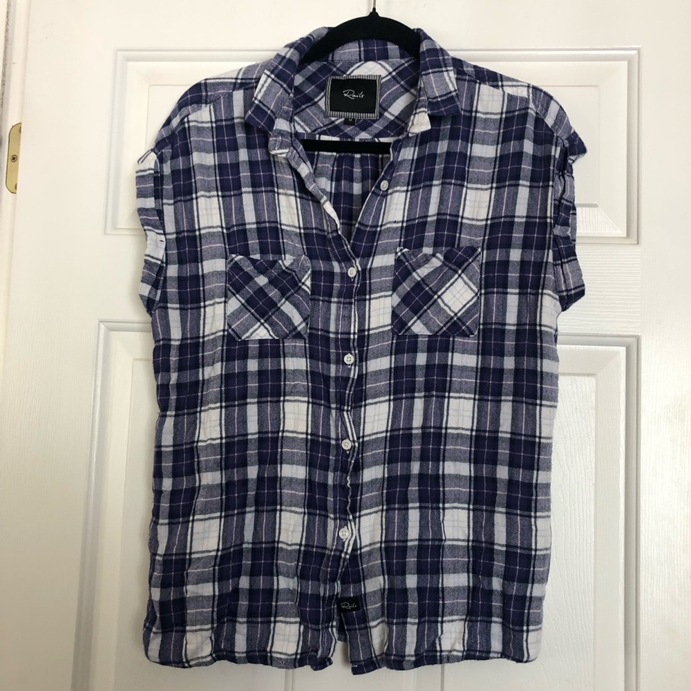 Rails Hunter Plaid Sleeveless Top Button Down Shirt Navy Medium Pocket Cabincore